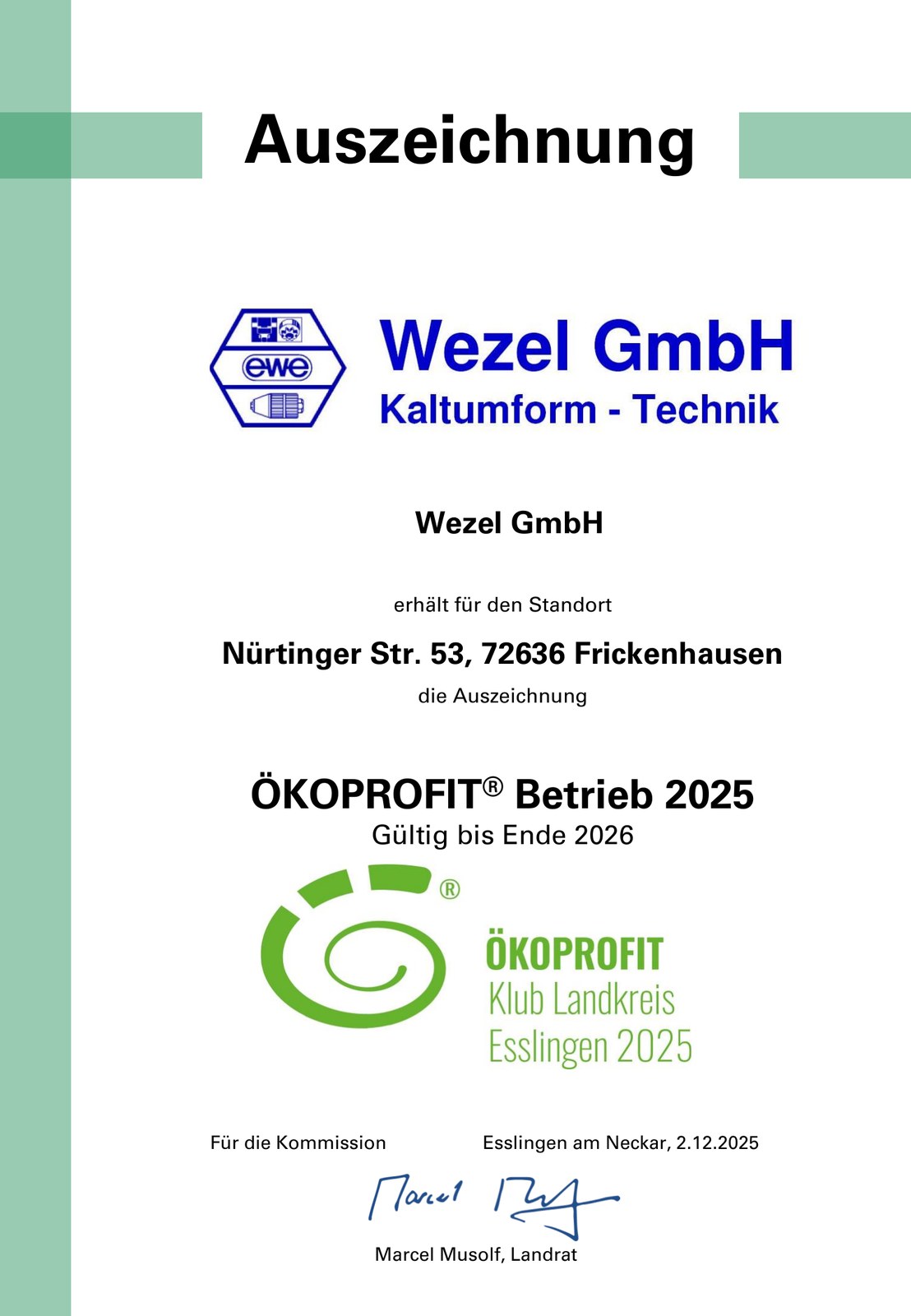 Auszeichnung ÖKOPROFIT Betrieb 2025 für die Wezel GmbH, verliehen vom Landkreis Esslingen am 02.12.2025, gültig bis Ende 2026